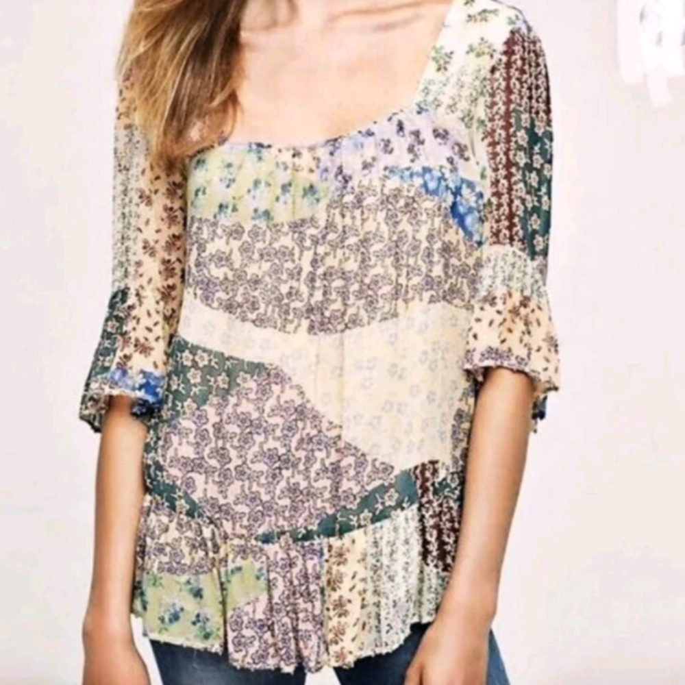Anthropologie - Floreat Boho Peasant Top Floral Patchwork Bell Sleeves Size XS